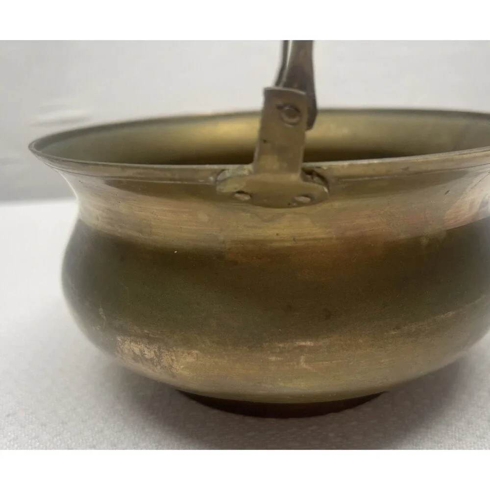 Vintage Solid Brass Cauldron Planter Pot Handle Mid-Century Modern Decor India
